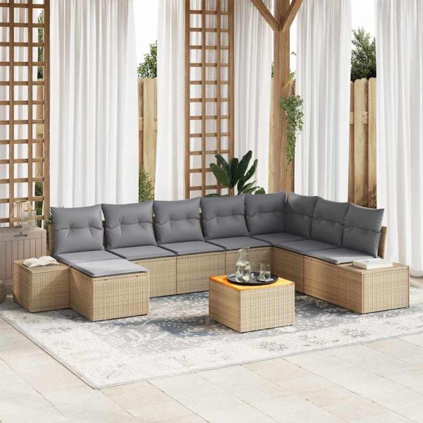 ARDEBO.de - 9-teiliges Garten-Sofa-Set mit Kissen Beige Poly Rattan Akazie