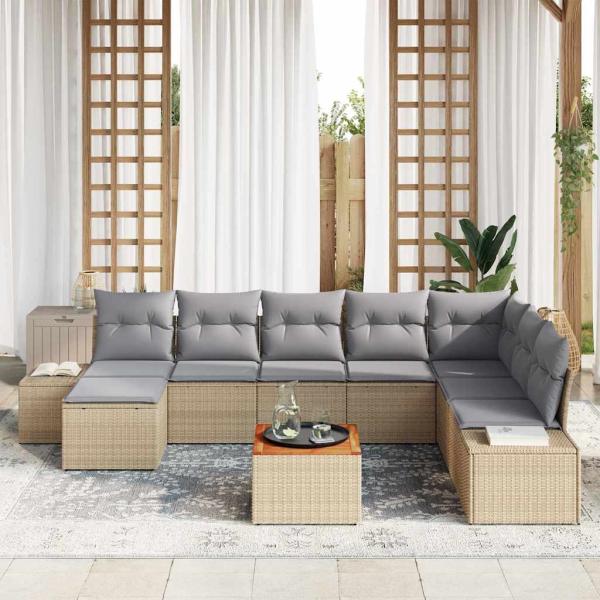 9-teiliges Garten-Sofa-Set mit Kissen Beige Poly Rattan Akazie