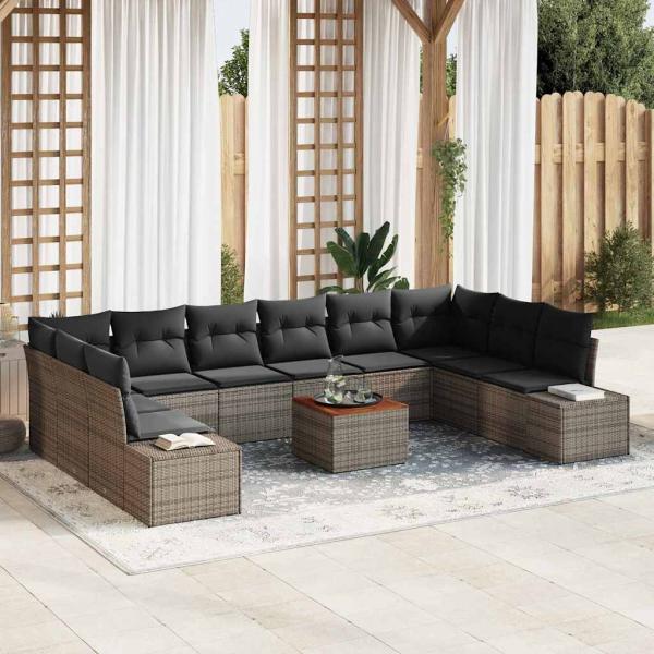 ARDEBO.de - 11tlg. Garten-Sofa-Set mit Kissen Grau Poly Rattan Akazie