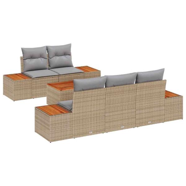 6-teiliges Garten Sofa Set mit Kissen Beige Poly Rattan Akazie