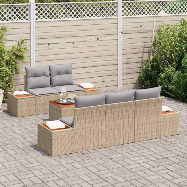 6-teiliges Garten Sofa Set mit Kissen Beige Poly Rattan Akazie