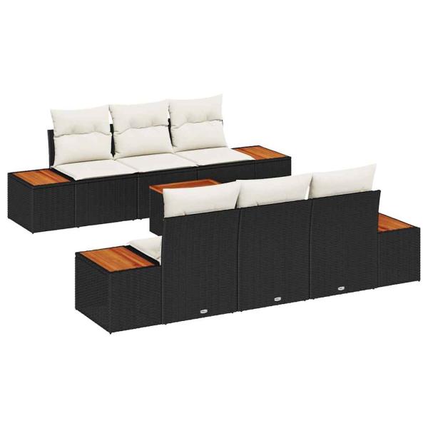 7-teiliges Garten Sofa Set mit Kissen Schwarz Poly Rattan Akazie