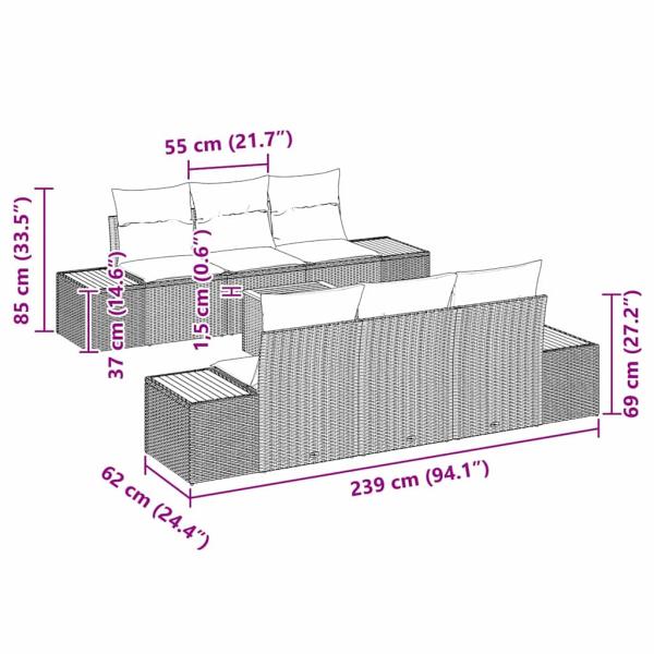 7-teiliges Garten Sofa Set mit Kissen Schwarz Poly Rattan Akazie