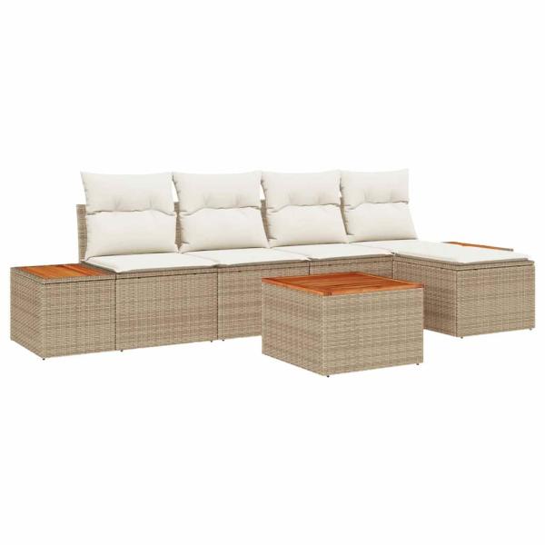 6-teiliges Garten Sofa Set mit Kissen Beige Poly Rattan Akazie