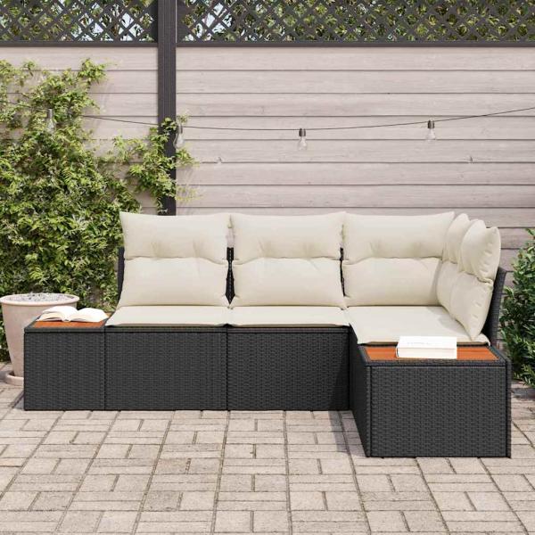 4-teiliges Garten Sofa Set mit Kissen Schwarz Poly Rattan Akazie