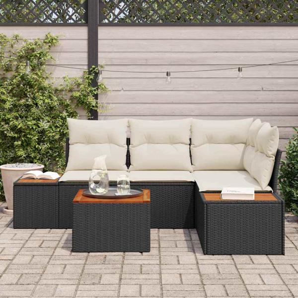 5-teiliges Garten-Sofa-Set mit Kissen Schwarz Poly-Rattan Akazie