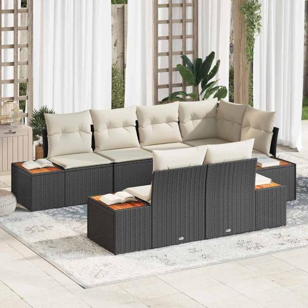ARDEBO.de - 7-teiliges Garten-Sofa-Set mit Kissen Schwarz Poly-Rattan Akazie
