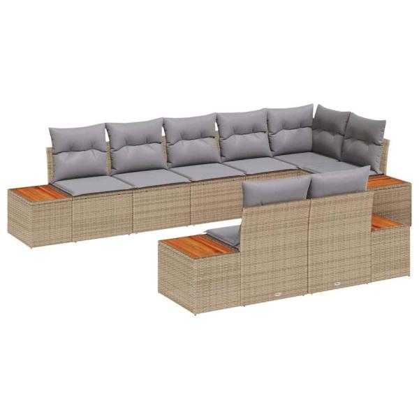 8-teiliges Garten Sofa Set mit Kissen Beige Poly Rattan Akazie