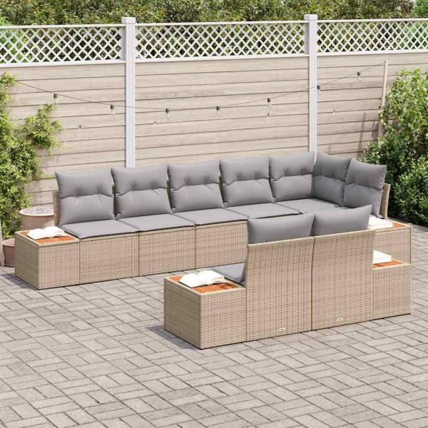 8-teiliges Garten Sofa Set mit Kissen Beige Poly Rattan Akazie