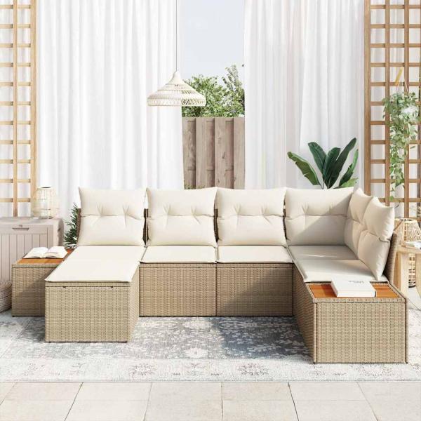 6-teiliges Garten-Sofa-Set mit Kissen Beige Poly Rattan Akazie