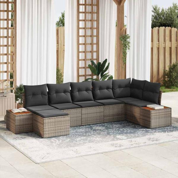 ARDEBO.de - 7-teiliges Gartensofa-Set mit Kissen Grau Poly-Rattan Akazie