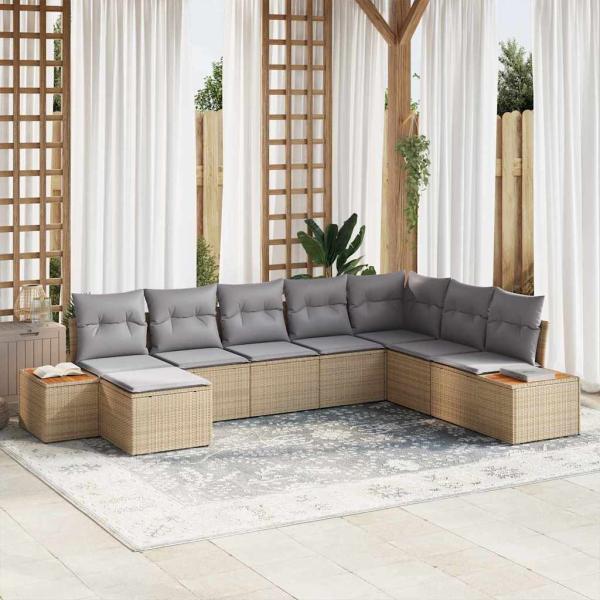 ARDEBO.de - 8-teiliges Garten Sofa Set mit Kissen Beige Poly Rattan Akazie