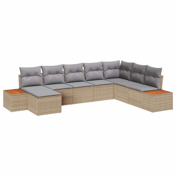 8-teiliges Garten Sofa Set mit Kissen Beige Poly Rattan Akazie