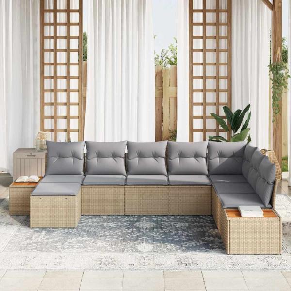 8-teiliges Garten Sofa Set mit Kissen Beige Poly Rattan Akazie