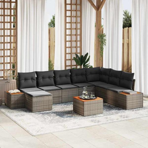 ARDEBO.de - 9-teiliges Garten Sofa Set mit Kissen Grau Poly Rattan Akazie