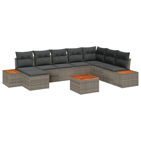 9-teiliges Garten Sofa Set mit Kissen Grau Poly Rattan Akazie