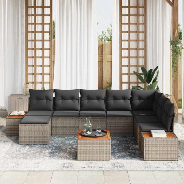 9-teiliges Garten Sofa Set mit Kissen Grau Poly Rattan Akazie