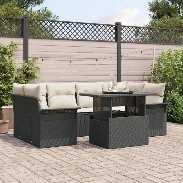 ARDEBO.de - 7-teiliges Garten-Sofa-Set mit Kissen Schwarz Poly-Rattan