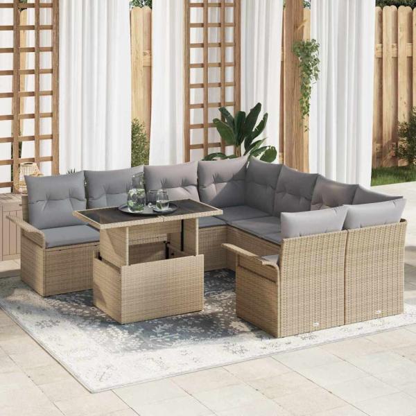 ARDEBO.de - 9-teiliges Garten Sofa Set mit Kissen Beige Poly Rattan