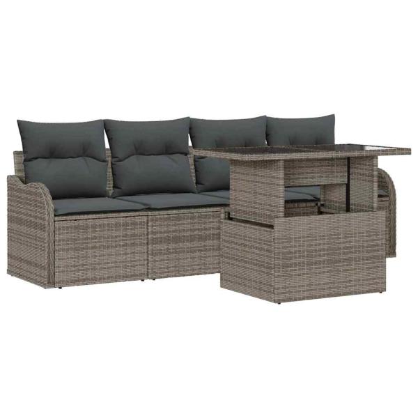 5-teiliges Garten Sofa Set mit Kissen Graues Poly-Rattan, 2-Sitzer Garten Sofa mit Kissen Graues Poly-Rattan