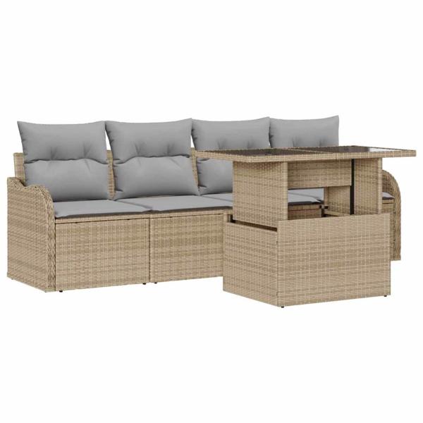 5-teiliges Garten Sofa Set mit Kissen Beige Poly Rattan, 2-Sitzer Garten Sofa mit Kissen Beige Poly Rattan
