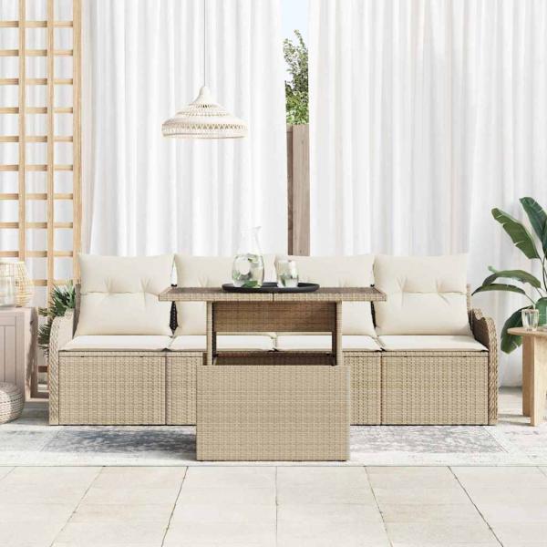 5-teiliges Garten Sofa Set mit Kissen Beige Poly Rattan, 2-Sitzer Garten Sofa mit Kissen Beige Poly Rattan