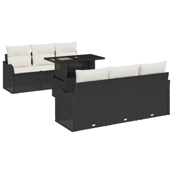 7-teiliges Garten Sofa Set mit Kissen Schwarz Poly Rattan, 2-Sitzer Garten Sofa mit Kissen Schwarz Poly Rattan