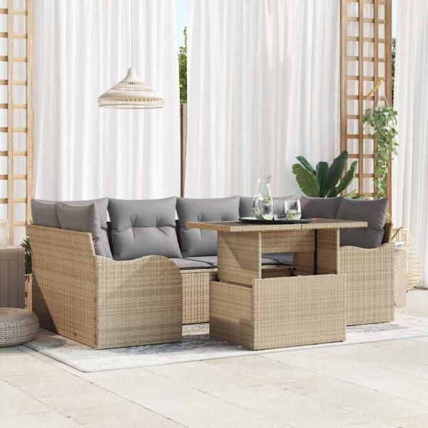 ARDEBO.de - 7-teiliges Garten Sofa Set mit Kissen Beige Poly Rattan, 2-Sitzer Garten Sofa mit Kissen Beige Poly Rattan