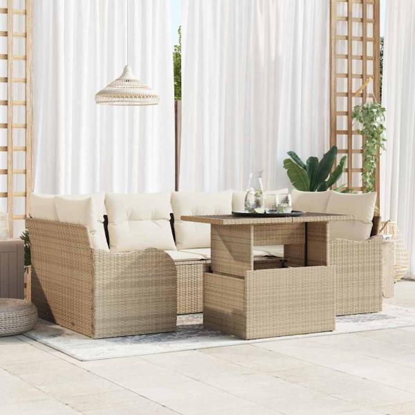ARDEBO.de - 7-teiliges Garten Sofa Set mit Kissen Beige Poly Rattan, 2-Sitzer Garten Sofa mit Kissen Beige Poly Rattan