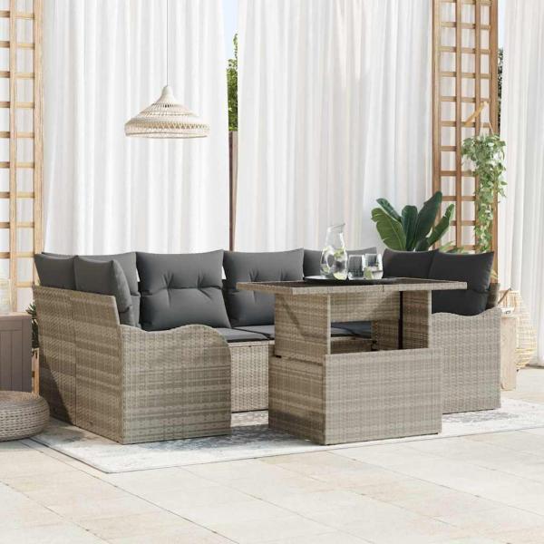ARDEBO.de - 7-teilige Garten Sofa Set mit Kissen Hellgrau Poly Rattan, 2-Sitzer Garten Sofa mit Kissen Hellgrau Poly Rattan