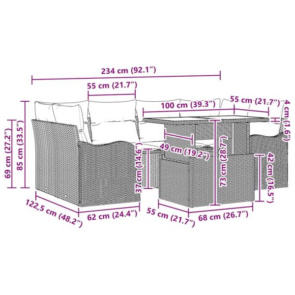 7-teilige Garten Sofa Set mit Kissen Hellgrau Poly Rattan, 2-Sitzer Garten Sofa mit Kissen Hellgrau Poly Rattan