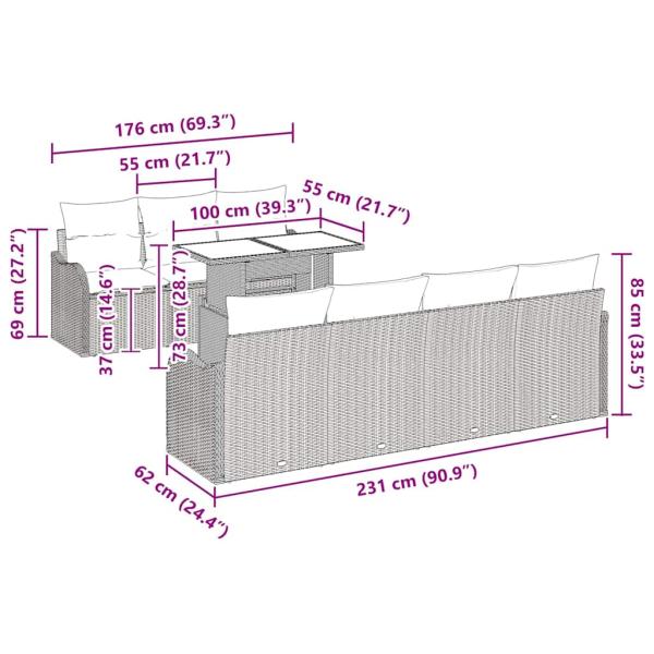 8-teiliges Garten Sofa Set mit Kissen Braun Poly Rattan, 2-Sitzer Garten Sofa mit Kissen Braun Poly Rattan