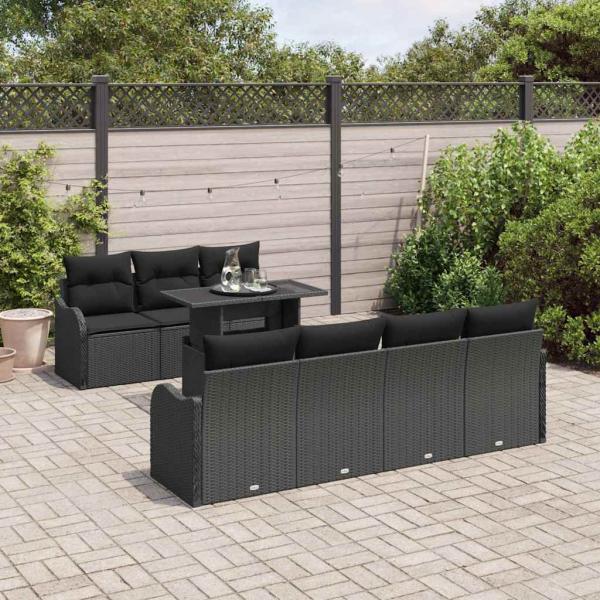 8-teiliges Garten Sofa Set mit Kissen Schwarz Poly Rattan, 2-Sitzer Garten Sofa mit Kissen Schwarz Poly Rattan