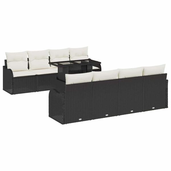 9-teilige Garten Sofa Set mit Kissen in Schwarz Poly Rattan, 2-Sitzer Garten Sofa mit Kissen in Schwarz Poly Rattan