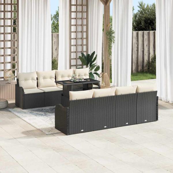 9-teilige Garten Sofa Set mit Kissen in Schwarz Poly Rattan, 2-Sitzer Garten Sofa mit Kissen in Schwarz Poly Rattan
