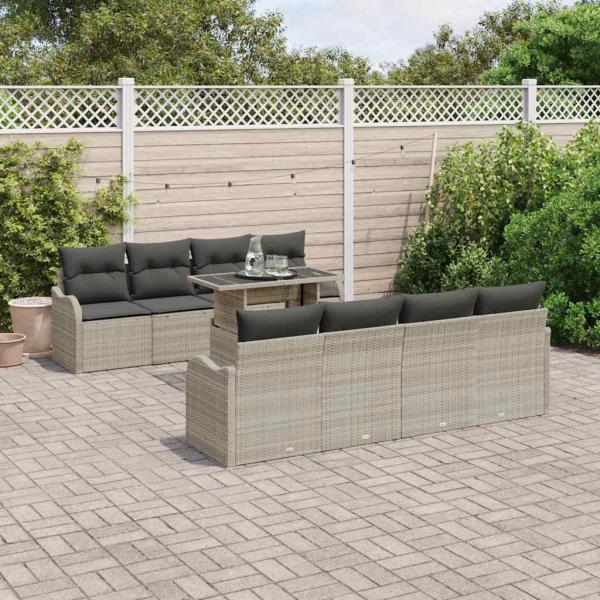 ARDEBO.de - 9-teiliges Garten Sofa Set mit Kissen in hellem Grauen Poly Rattan, 2-Sitzer Garten Sofa mit Kissen in hellem Grauen Poly Rattan