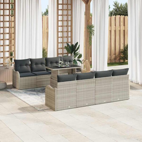 9-teiliges Garten Sofa Set mit Kissen in hellem Grauen Poly Rattan, 2-Sitzer Garten Sofa mit Kissen in hellem Grauen Poly Rattan