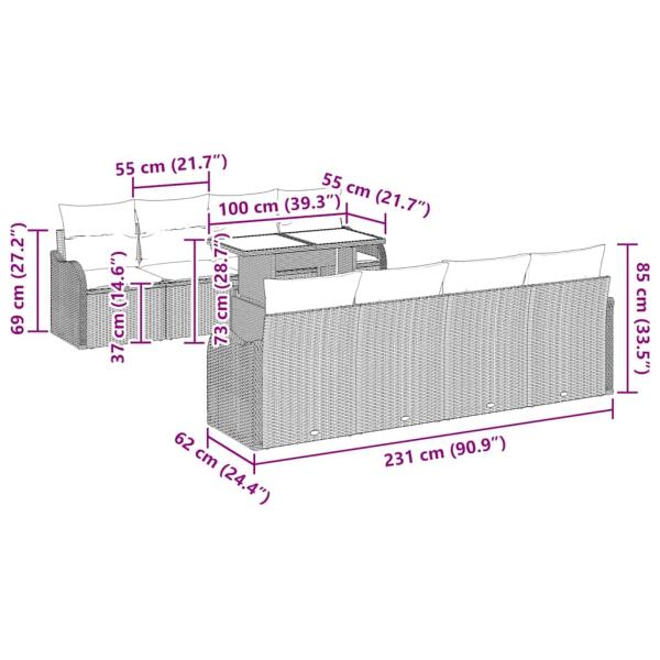 9-teiliges Garten Sofa Set mit Kissen in hellem Grauen Poly Rattan, 2-Sitzer Garten Sofa mit Kissen in hellem Grauen Poly Rattan