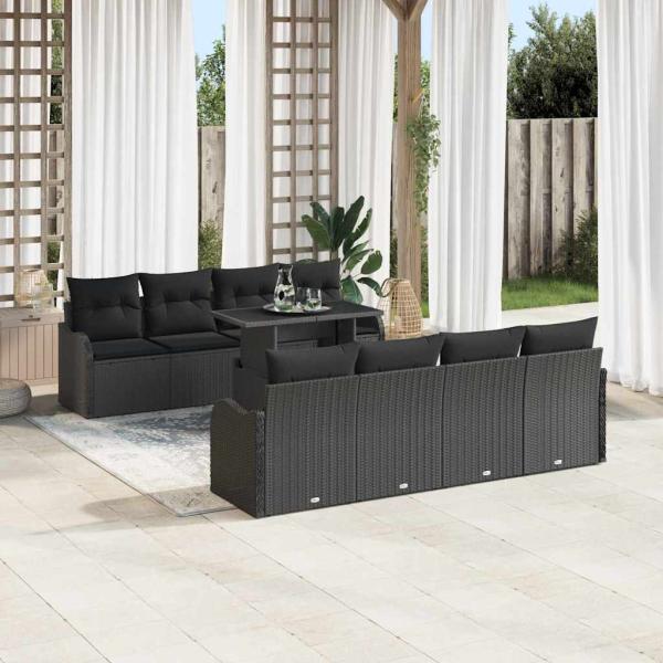 9-teiliges Garten Sofa Set mit Kissen Schwarz Poly Rattan, 2-Sitzer Garten Sofa mit Kissen Schwarz Poly Rattan