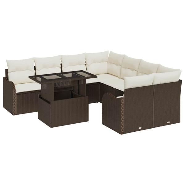 9-teiliges Garten-Sofaset mit Kissen Braunes Poly-Rattan, 2-Sitzer-Garten-Sofa mit Kissen Braunes Poly-Rattan