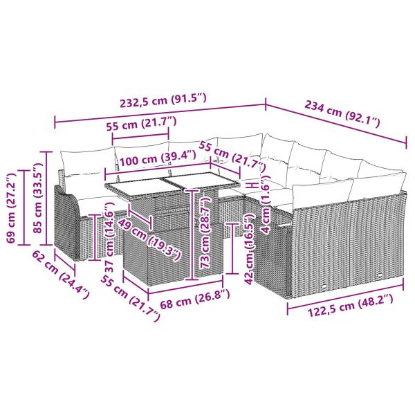 9-teiliges Garten-Sofaset mit Kissen Braunes Poly-Rattan, 2-Sitzer-Garten-Sofa mit Kissen Braunes Poly-Rattan