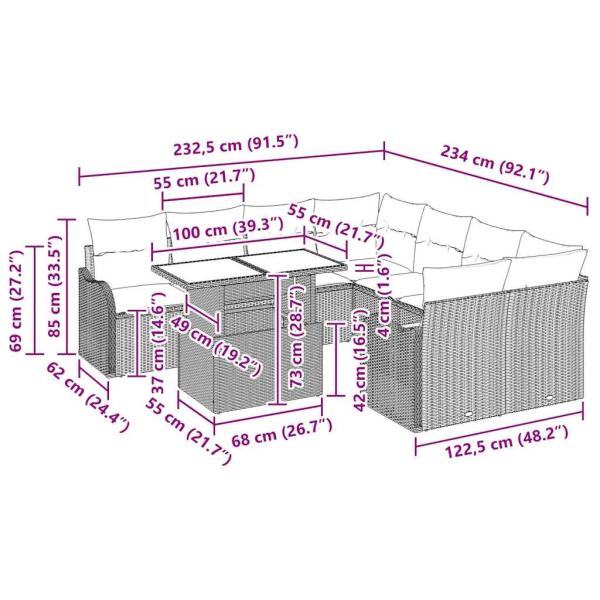9-teiliges Garten Sofa Set mit Kissen Grau Poly Rattan, 2-Sitzer Garten Sofa mit Kissen Grau Poly Rattan