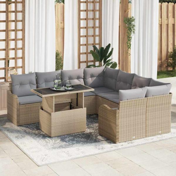 ARDEBO.de - 9-teiliges Garten Sofa Set mit Kissen Beige Poly Rattan, 2-Sitzer Garten Sofa mit Kissen Beige Poly Rattan