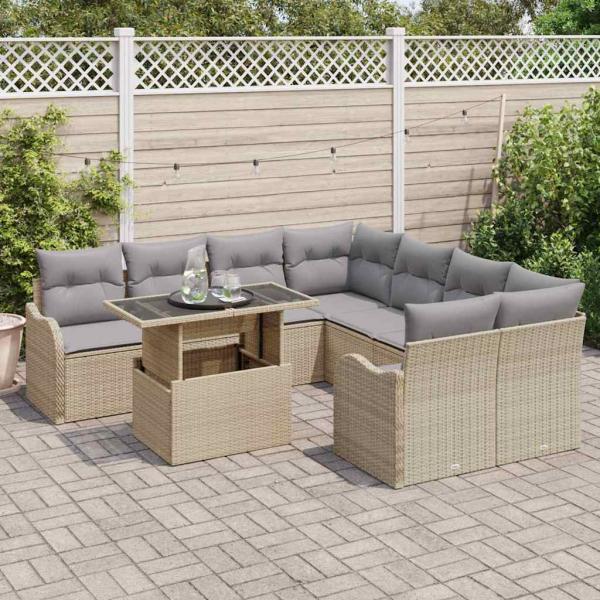 9-teiliges Garten Sofa Set mit Kissen Beige Poly Rattan, 2-Sitzer Garten Sofa mit Kissen Beige Poly Rattan