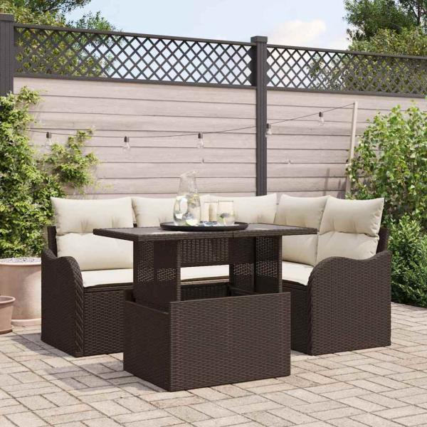 ARDEBO.de - 5-teiliges Garten Sofa Set mit Kissen Braun Poly Rattan, 2-Sitzer Garten Sofa mit Kissen Braun Poly Rattan