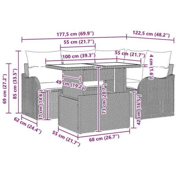 5-teiliges Garten Sofa Set mit Kissen Braun Poly Rattan, 2-Sitzer Garten Sofa mit Kissen Braun Poly Rattan