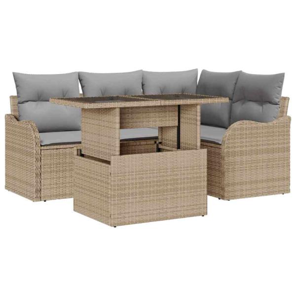 5-teiliges Garten-Sofa-Set mit Kissen Beiges Poly Rattan, 2-Sitzer Garten-Sofa mit Kissen Beiges Poly Rattan