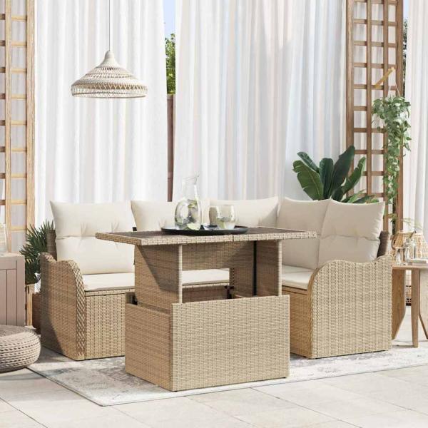 ARDEBO.de - 5-teiliges Garten Sofa Set mit Kissen Beige Poly Rattan, 2-Sitzer Garten Sofa mit Kissen Beige Poly Rattan