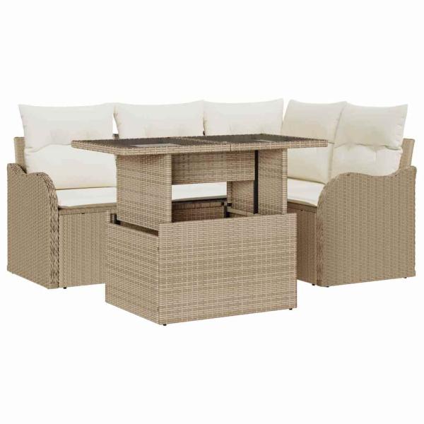 5-teiliges Garten Sofa Set mit Kissen Beige Poly Rattan, 2-Sitzer Garten Sofa mit Kissen Beige Poly Rattan