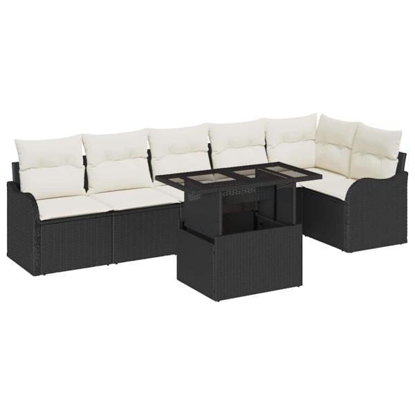 Sofa Set mit Kissen 7 pcs Schwarz Poly Rattan